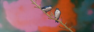 Malerei mit dem Titel "Les oiseaux du jard…" von Bertrand Jost, Original-Kunstwerk, Öl Auf Keilrahmen aus Holz montiert