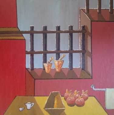Painting titled "Cuisine extérieure ." by Bertrand Jost, Original Artwork, Oil Mounted on Cardboard