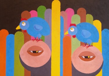 Картина под названием "Les deux oiseaux bl…" - Bertrand Jost, Подлинное произведение искусства, Масло