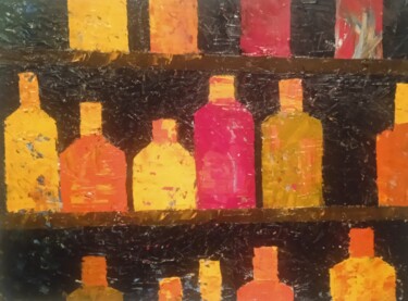 Peinture intitulée "Les bouteilles sur…" par Bertrand Jost, Œuvre d'art originale, Huile Monté sur Châssis en bois