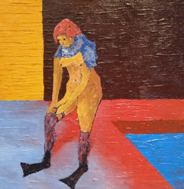 Painting titled "Femme qui tire ses…" by Bertrand Jost, Original Artwork, Oil Mounted on Cardboard