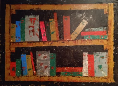 Painting titled "Bibliothèque 1 ." by Bertrand Jost, Original Artwork, Acrylic Mounted on Wood Panel