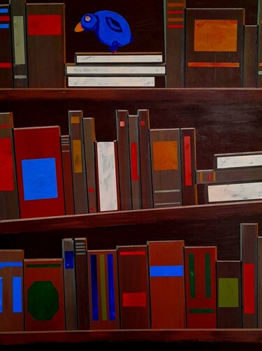 Painting titled "La bibliothèque et…" by Bertrand Jost, Original Artwork, Acrylic Mounted on Wood Stretcher frame