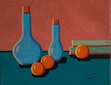 Painting titled "Les bouteilles bleu…" by Bertrand Jost, Original Artwork, Acrylic Mounted on Wood Stretcher frame