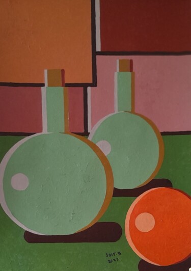 Schilderij getiteld "Les bouteilles vert…" door Bertrand Jost, Origineel Kunstwerk, Acryl