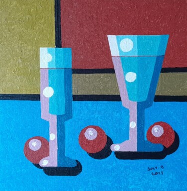 Painting titled "Les deux verres ." by Bertrand Jost, Original Artwork, Acrylic Mounted on Cardboard