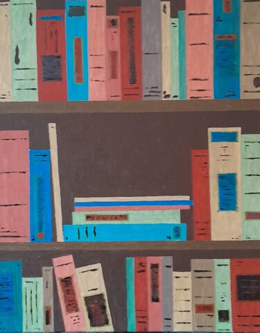 Painting titled "Bibliothèque 2 ." by Bertrand Jost, Original Artwork, Acrylic Mounted on Cardboard