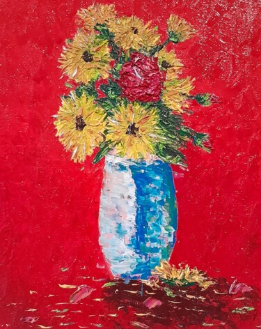 Painting titled "Fleurs dans un vase…" by Bertrand Jost, Original Artwork, Oil Mounted on Cardboard