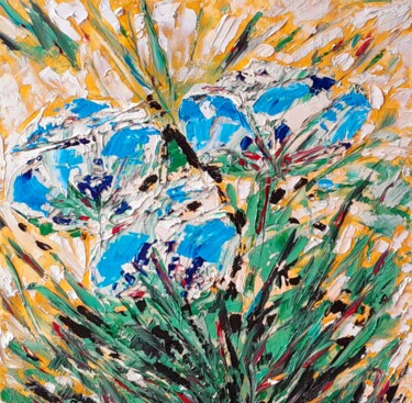 Painting titled "Les fleurs bleues ." by Bertrand Jost, Original Artwork, Oil Mounted on Cardboard