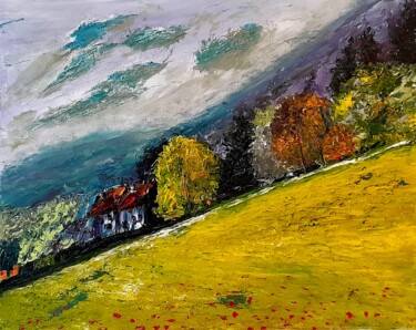 Painting titled "Paysage de montagne…" by Bertrand Jost, Original Artwork, Oil Mounted on Cardboard