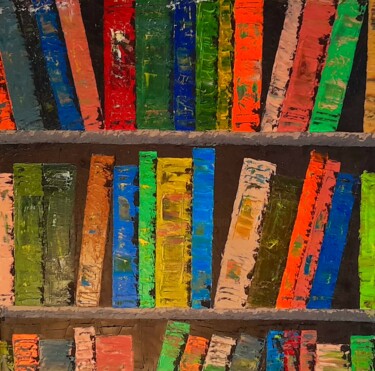 Painting titled "Bibliothèque 7 ." by Bertrand Jost, Original Artwork, Oil Mounted on Wood Stretcher frame
