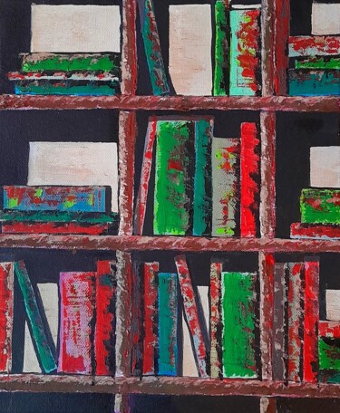 Painting titled "Bibliothèque 8 ." by Bertrand Jost, Original Artwork, Oil Mounted on Wood Stretcher frame
