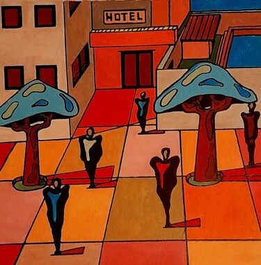 Painting titled "L'hotel des arbres…" by Bertrand Jost, Original Artwork, Acrylic Mounted on Wood Stretcher frame