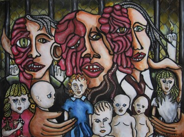 Painting titled "L'antre des ogres" by Bertrand Lamouroux, Original Artwork, Acrylic Mounted on Wood Panel