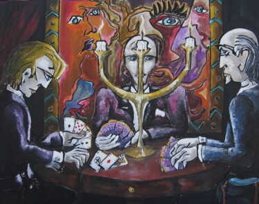 Painting titled "La partie de cartes" by Bertrand Lamouroux, Original Artwork, Oil