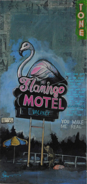 Schilderij getiteld "Flamingo Motel" door Bertrand Lefebvre, Origineel Kunstwerk