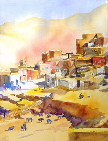 Peinture intitulée "village-atlas-moroc…" par Bertrand Lucas, Œuvre d'art originale