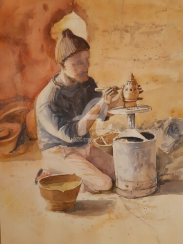 Painting titled "Le potier de Skoura" by Bertrand Lucas, Original Artwork, Watercolor