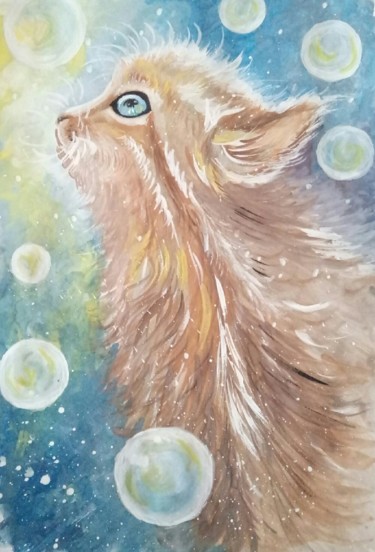 Painting titled "Кот в пузырях" by Iuliia Khorosheva, Original Artwork, Gouache