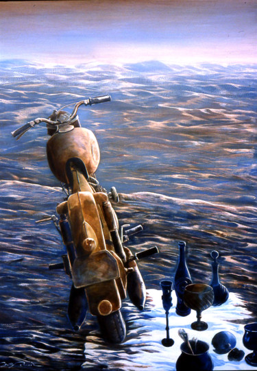 Pittura intitolato "la moto dans le dés…" da Billy Renoir, Opera d'arte originale, Acrilico