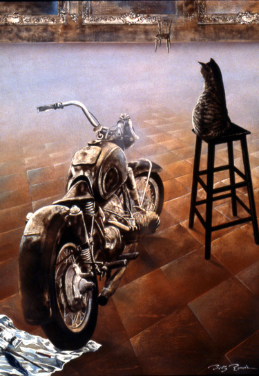 Peinture intitulée "la moto au chat ©" par Billy Renoir, Œuvre d'art originale
