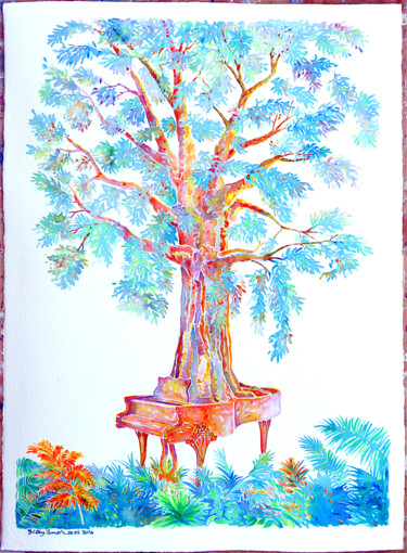Pintura titulada "l'arbre à piano ©" por Billy Renoir, Obra de arte original, Acuarela