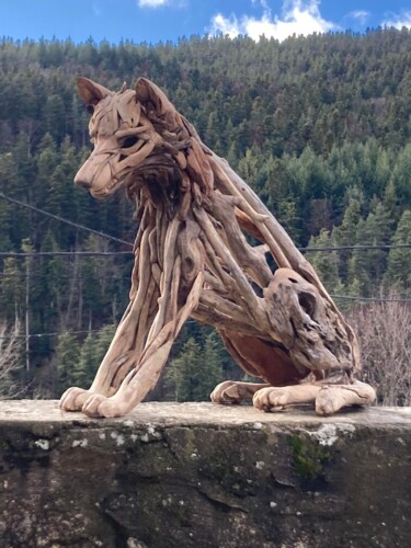 Sculpture titled "LOUP WOLF" by Bétina Broussaud, Original Artwork, Wood