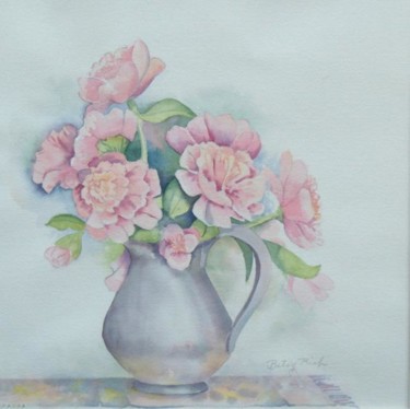 Painting titled "Pink Peonies In A P…" by Betsy Rich, Original Artwork, Oil