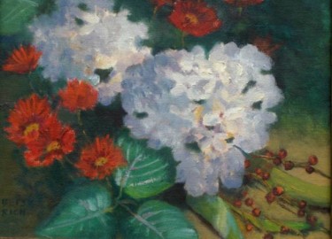 Painting titled "Hydrangias And Mums" by Betsy Rich, Original Artwork, Oil