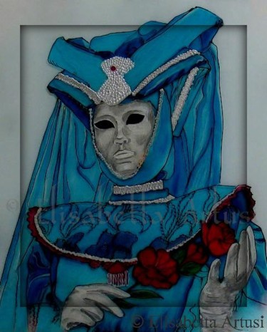 Pittura intitolato "Blue Venetian Mask" da Betta Artusi Art, Opera d'arte originale