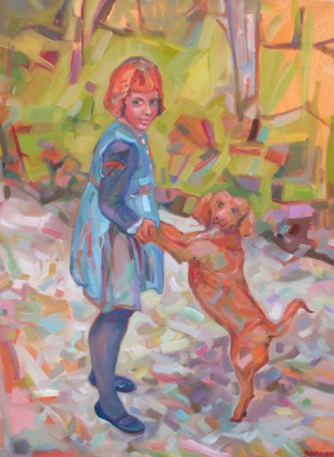 Pittura intitolato "bambina-con-cagnoli…" da Lucio Betto, Opera d'arte originale