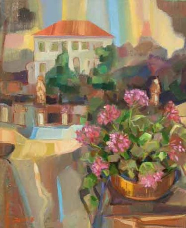 Pittura intitolato "villa-con-fiori-tel…" da Lucio Betto, Opera d'arte originale