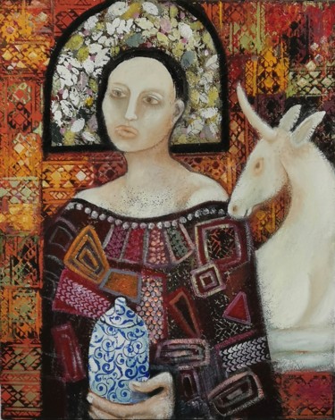 Painting titled "Dame à la licorne" by Betty Fevrier, Original Artwork, Oil