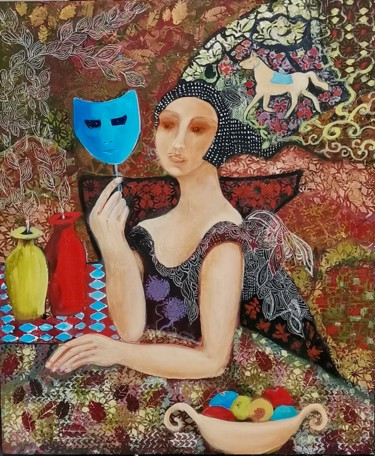Painting titled "Le masque bleu" by Betty Fevrier, Original Artwork, Oil