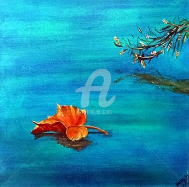 Painting titled "Feuille flottante" by Betty-M, Original Artwork, Oil Mounted on Wood Stretcher frame