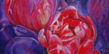Painting titled "A Bed of tulips" by Betty Jonker, Original Artwork, Oil