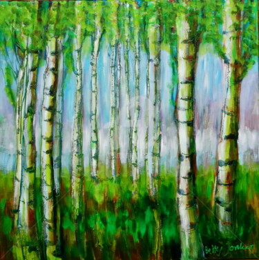 Painting titled "Birch Trees" by Betty Jonker, Original Artwork, Acrylic