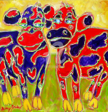 Painting titled "Funny Cows" by Betty Jonker, Original Artwork, Acrylic