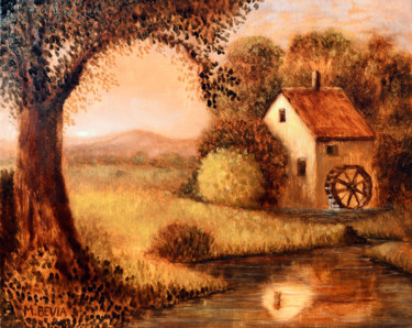 Malerei mit dem Titel "Old Watermill" von Mbevia, Original-Kunstwerk, Öl