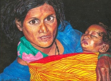Painting titled "Beggar Woman with B…" by Bhagvati Nath, Original Artwork, Oil