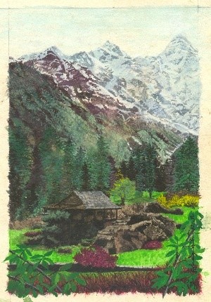 Painting titled "Parvati Valley House" by Bhagvati Nath, Original Artwork, Oil