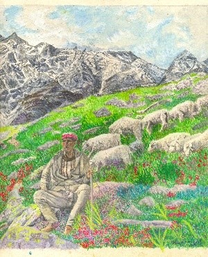 Painting titled "Shepherd Watching S…" by Bhagvati Nath, Original Artwork, Oil