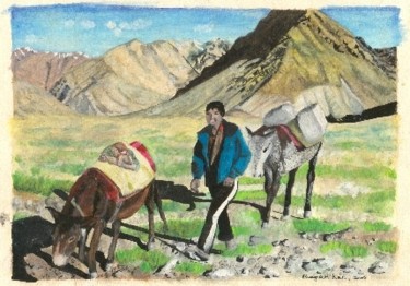 Painting titled "Boy and Horses in L…" by Bhagvati Nath, Original Artwork, Oil