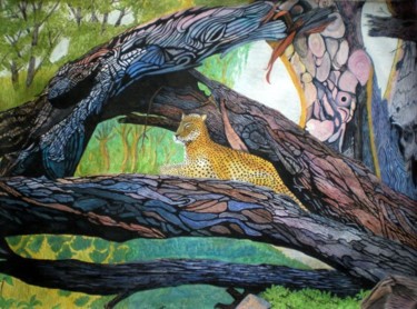 Painting titled "Meditating Leopard" by Bhagvati Nath, Original Artwork, Watercolor