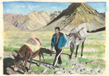 Painting titled "Boy and Horses in L…" by Bhagvati Nath, Original Artwork, Other