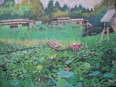 Painting titled "Waterlilies & Boats…" by Bhagvati Nath, Original Artwork, Watercolor