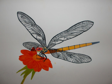 Painting titled "Dragonfly on orange…" by Bhagvati Nath, Original Artwork, Oil