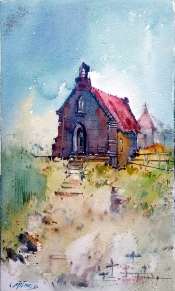 Painting titled "Way to Church" by Milind Bhanji, Original Artwork, Watercolor
