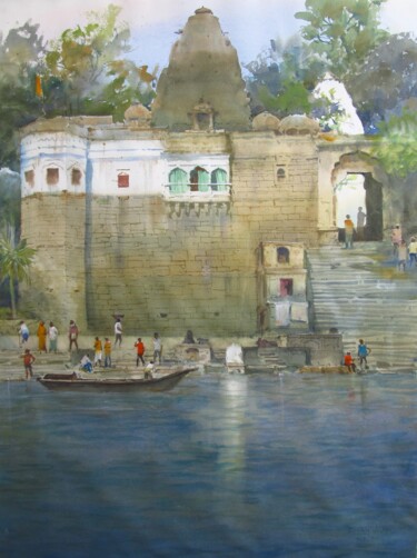 Painting titled "Narmada Ghat, Mahes…" by Bhargavkumar Kulkarni, Original Artwork, Watercolor