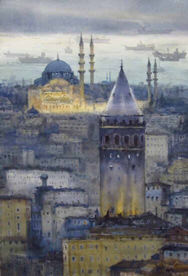 Painting titled "Istanbul Evening" by Bhargavkumar Kulkarni, Original Artwork, Watercolor
